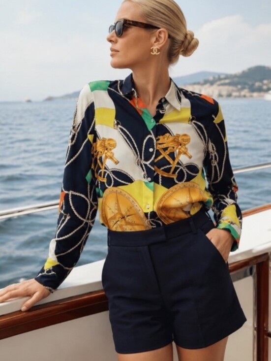Lauren Ralph Lauren Tops - LAUREN RALPH LAUREN Nautical Coastal Print Navy Silk Button-Down Shirt | SZ 2P